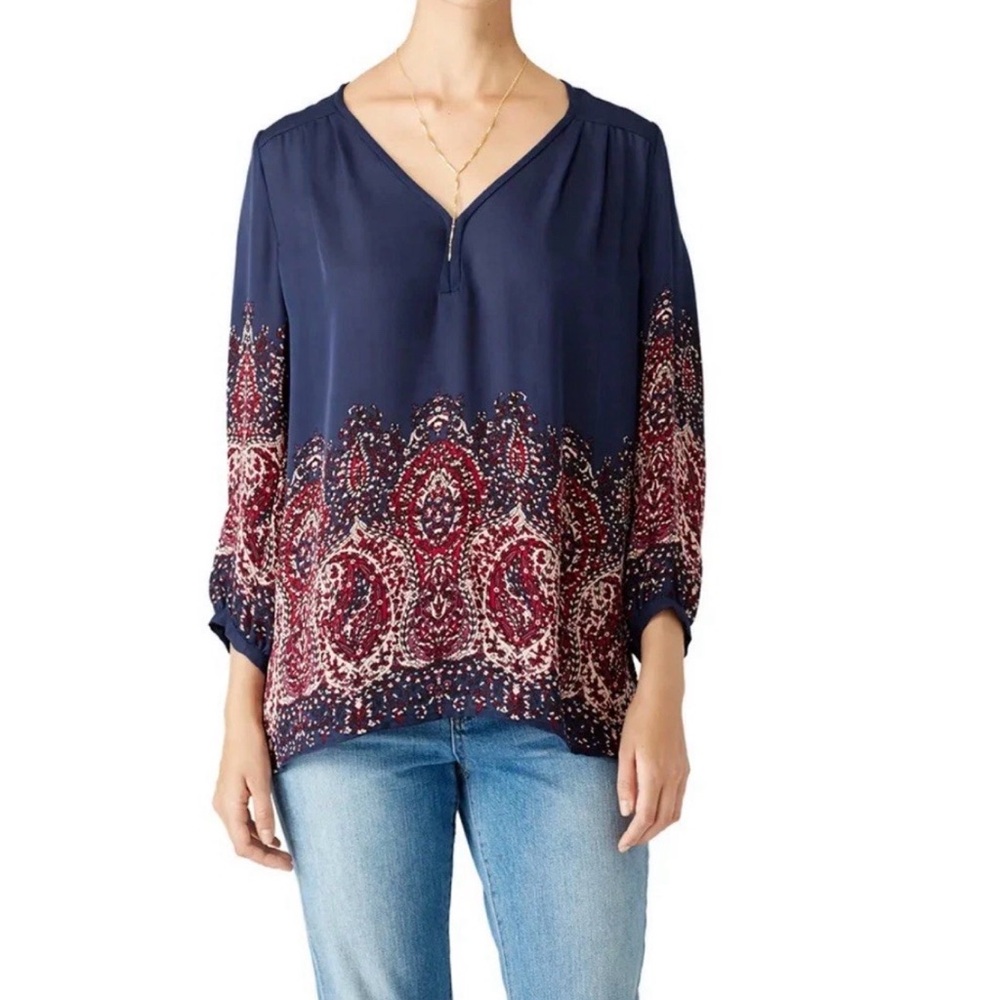 Joie 100% Silk Navy Top with Purple, Red, Cream Accent Design